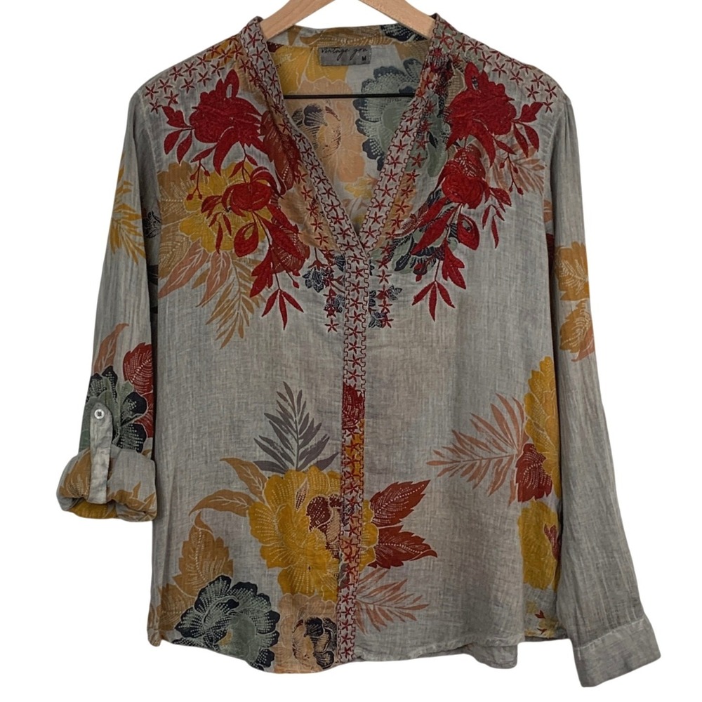 VINTAGE GOA Cotton Floral Embroidered Blouse Sz M Grey Red Yellow